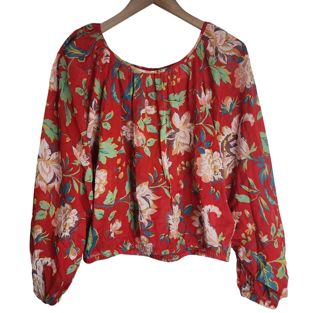 Maeve Anthropologie Tunic Top Women's Small Floral‎ Sheer Long Sleeve Red